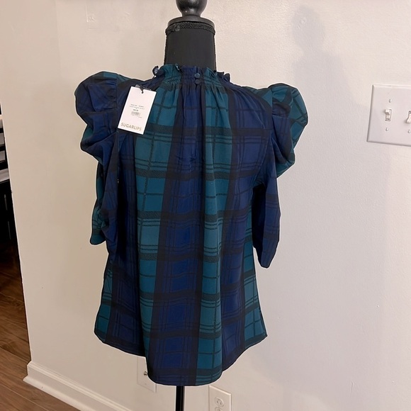 NWT Sugarlips Hudson Plaid Drape Sleeve Top Curve Blouse, Sz. XS. - Picture 5 of 13